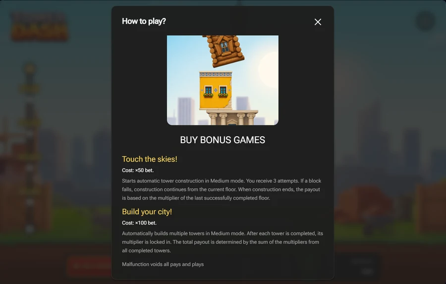 Tower Dash bonus buy rules 50x and 100x bet