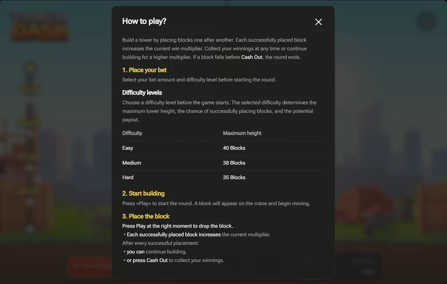Tower Dash rules and difficulty levels table