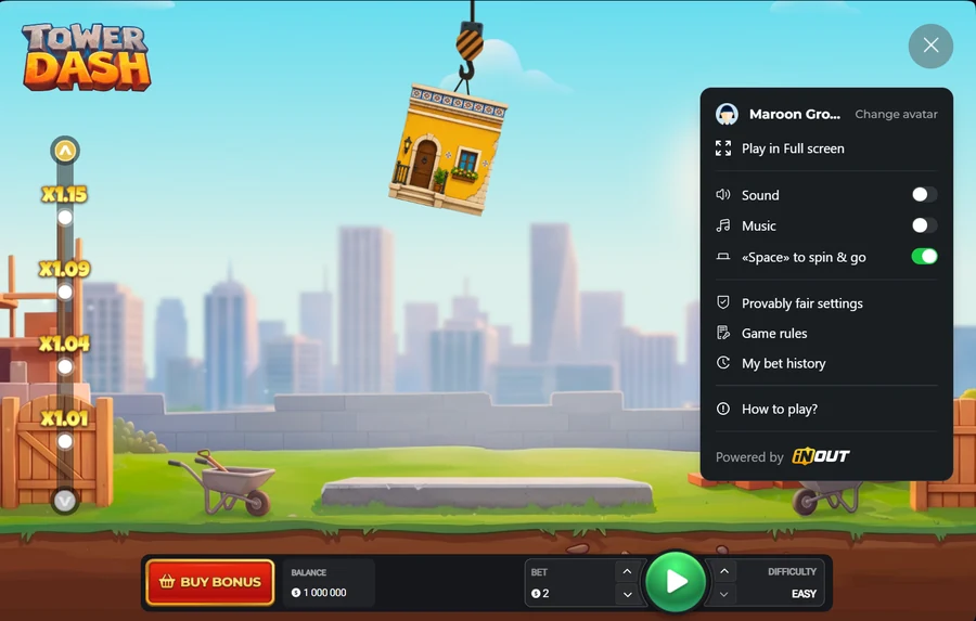 Tower Dash InOut Games settings menu provably fair