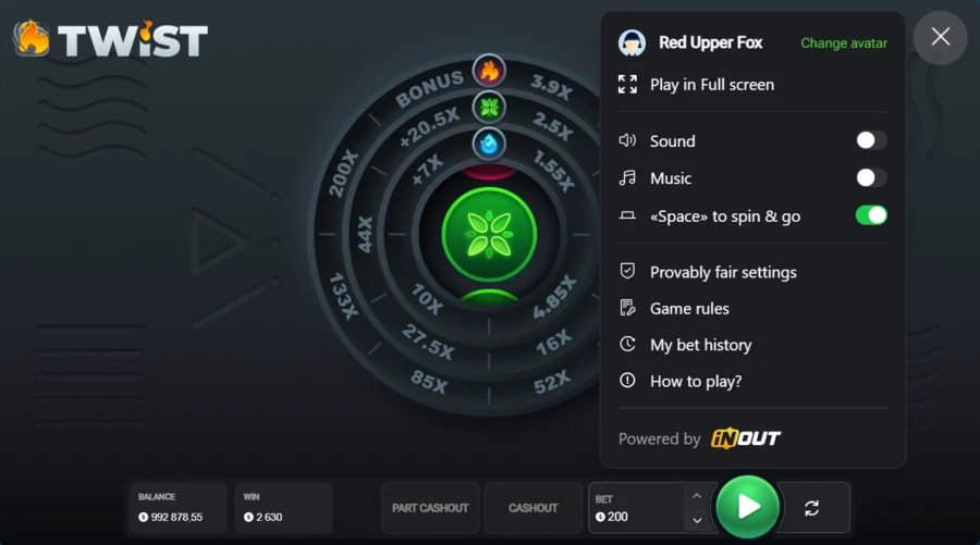 Twist game menu with provably fair settings by InOut