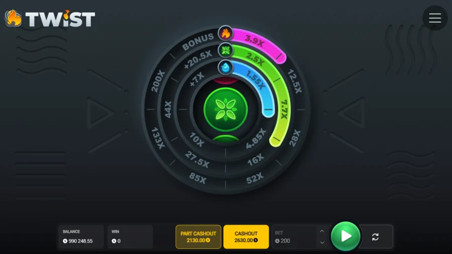Twist gameplay with three ring arcs and dual cash-out buttons