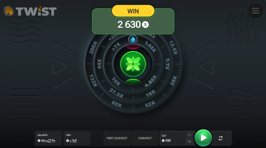 Twist win screen paying $2,630 after a full cash-out