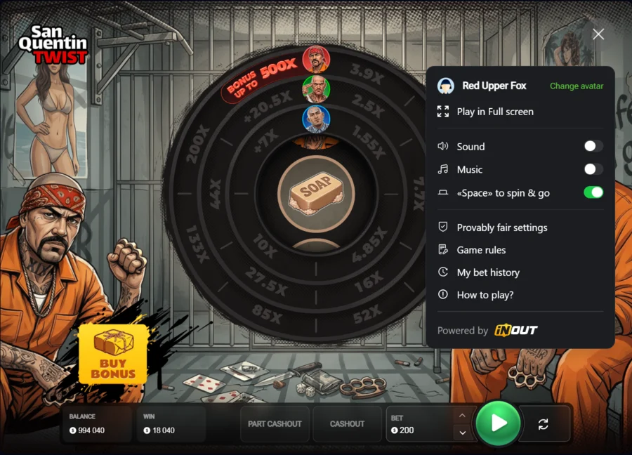 Twist San Quentin game menu with provably fair settings