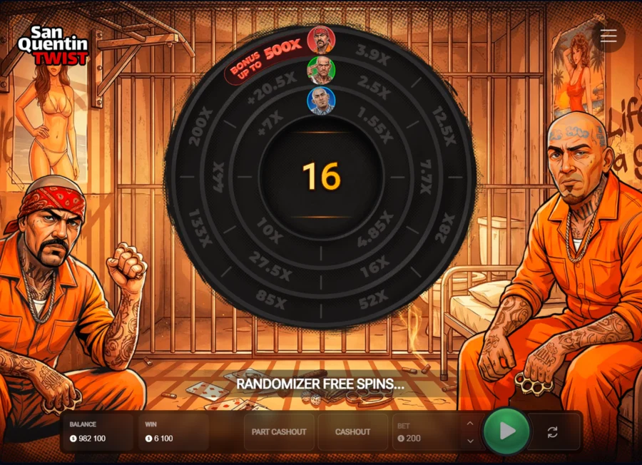 Twist San Quentin free spins randomizer showing 16 spins