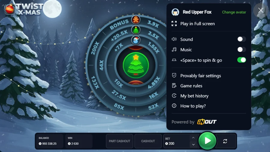 Twist X-Mas game menu with provably fair settings by InOut