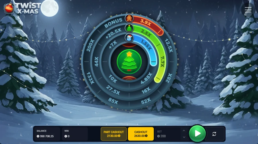 Twist X-Mas gameplay with three ring arcs and dual cash-out