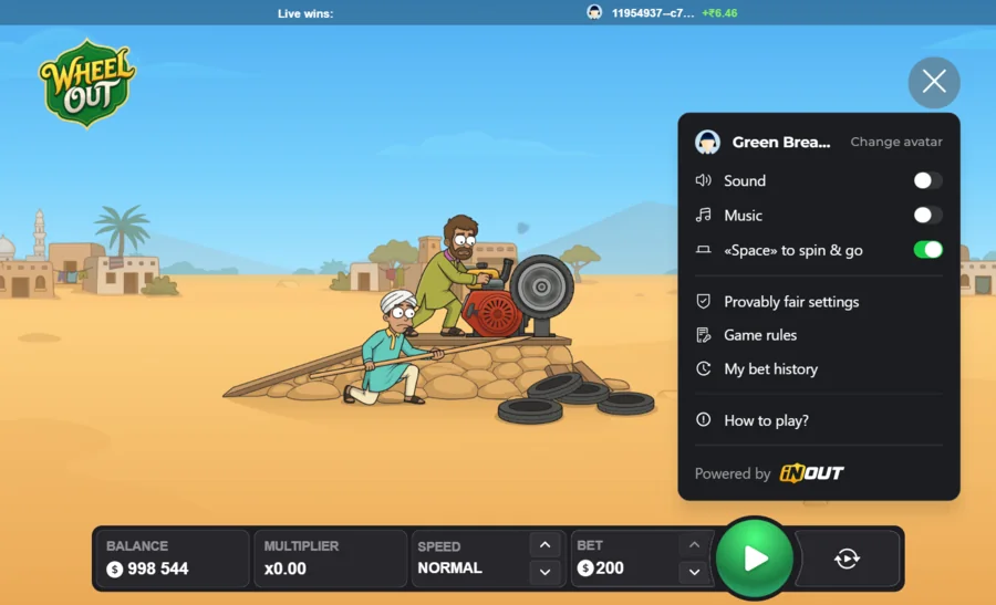 Wheel Out settings menu with provably fair, game rules and bet history