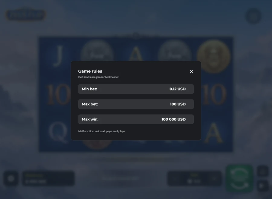 Zeus Flip bet limits panel max win $100,000