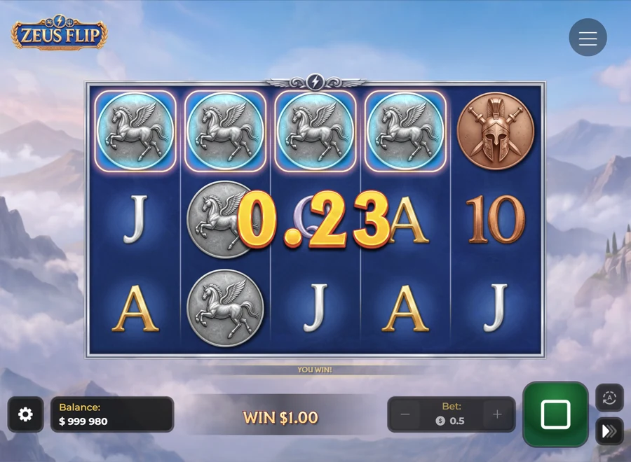 Zeus Flip four Pegasus coins line win $1.00