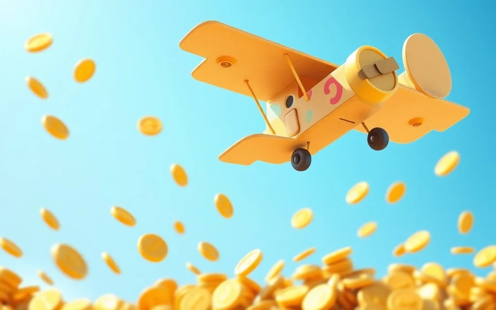 Cartoon cardboard biplane collecting golden coins sky