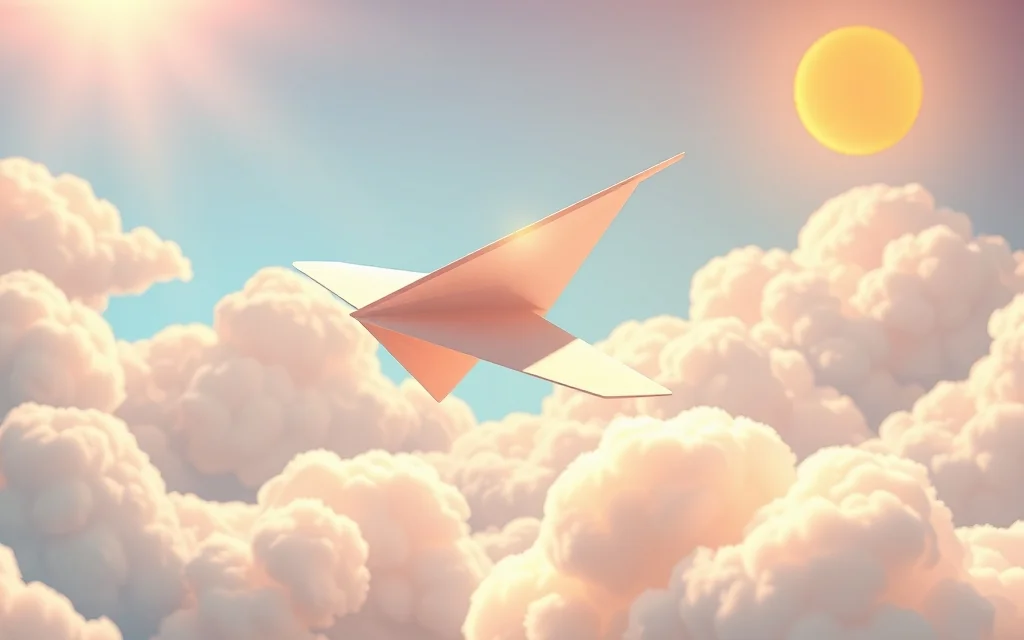 Paper biplane looping over cartoon clouds sunny