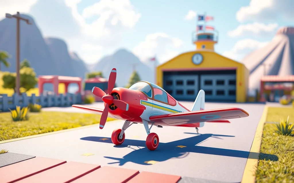 Cartoon biplane at colourful airfield ready for takeoff