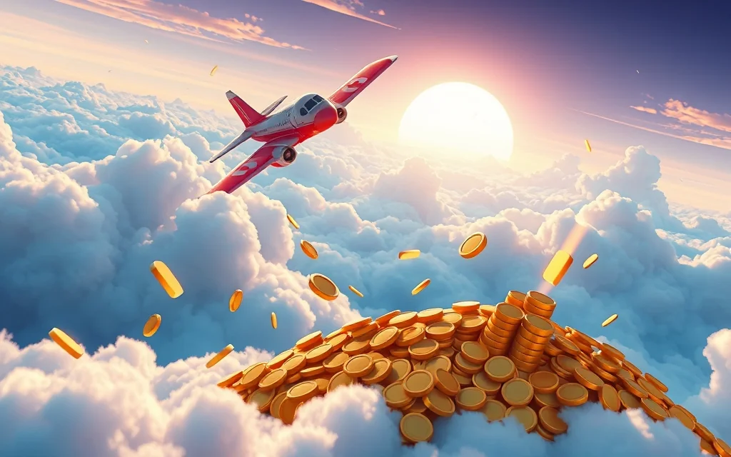 Plane soaring above clouds toward treasure of coins