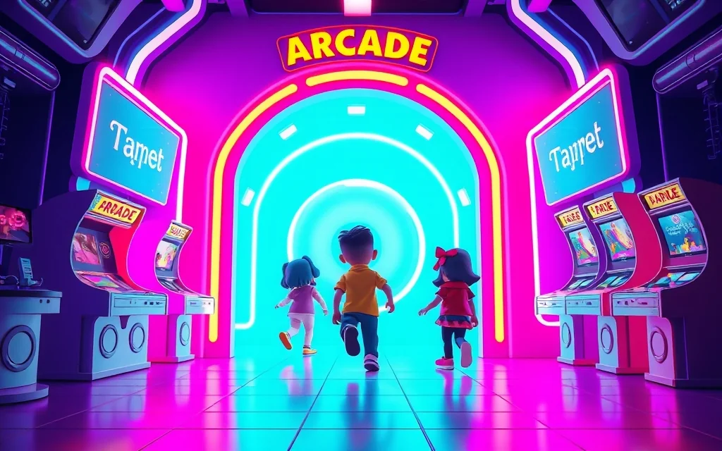 キャラクターがくぐる未来的なアーケードの光る門