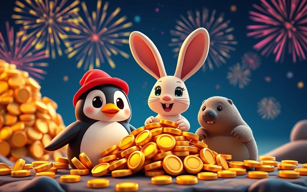 ペンギン兎モグラと金貨と花火のアーケードポスター