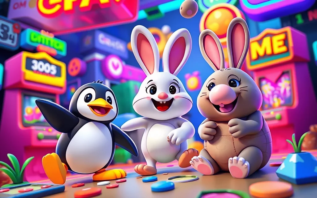 Arcade collage of penguin rabbit mole crash characters