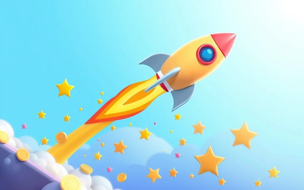 Cartoon rocket and multiplier icons over game grid