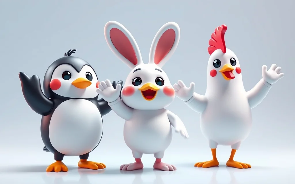 Cartoon game mascots penguin rabbit chicken waving