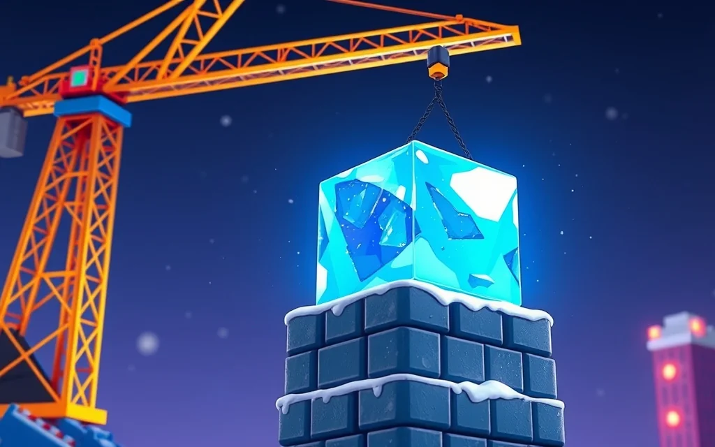 Grúa coloca bloque de hielo sobre torre