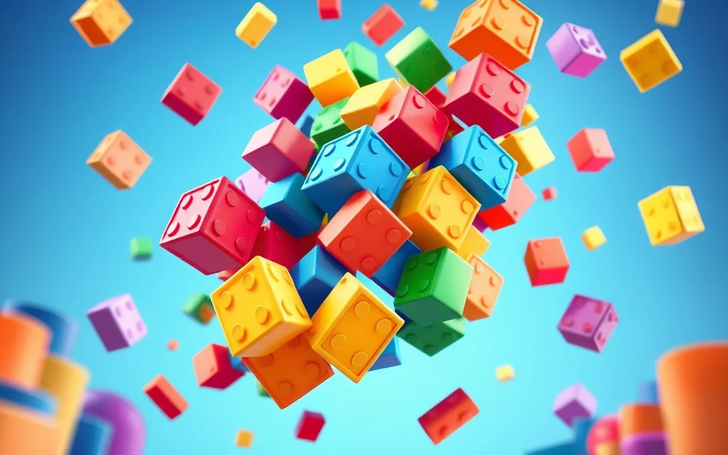 Bloques de construcción cayendo y apilándose en el aire