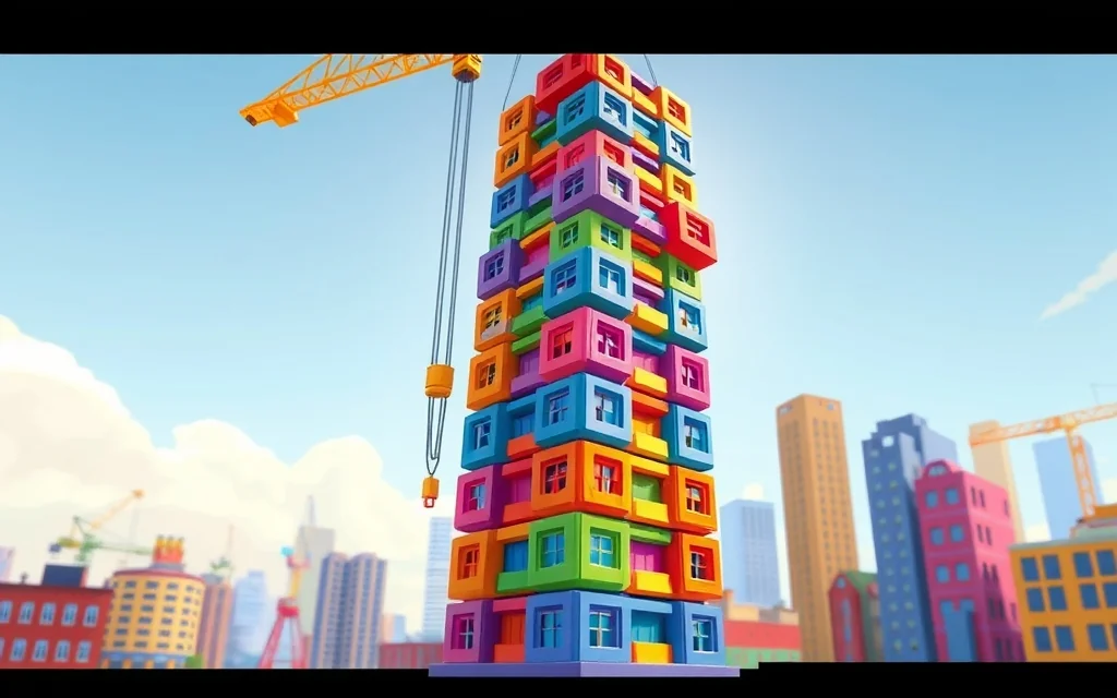 Colourful block tower built by construction crane