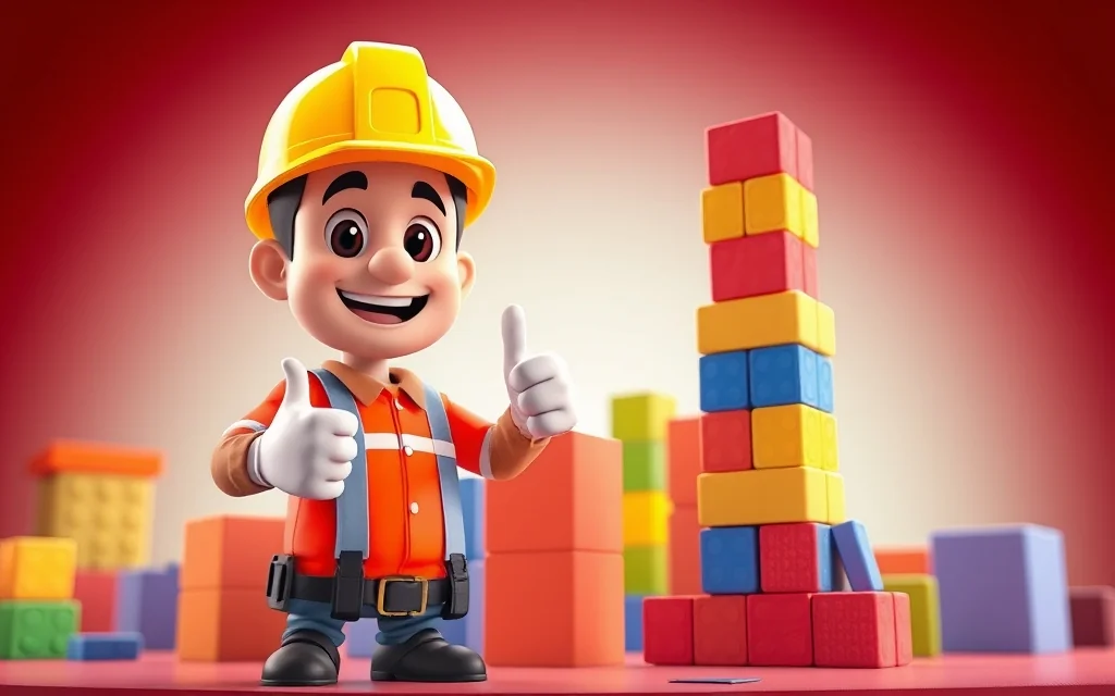 Foreman cheering beside rising block tower