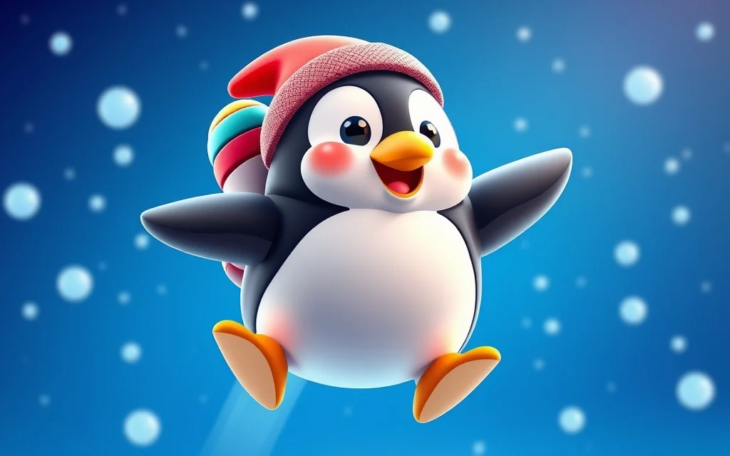 Cartoon penguin with rocket flying over snow