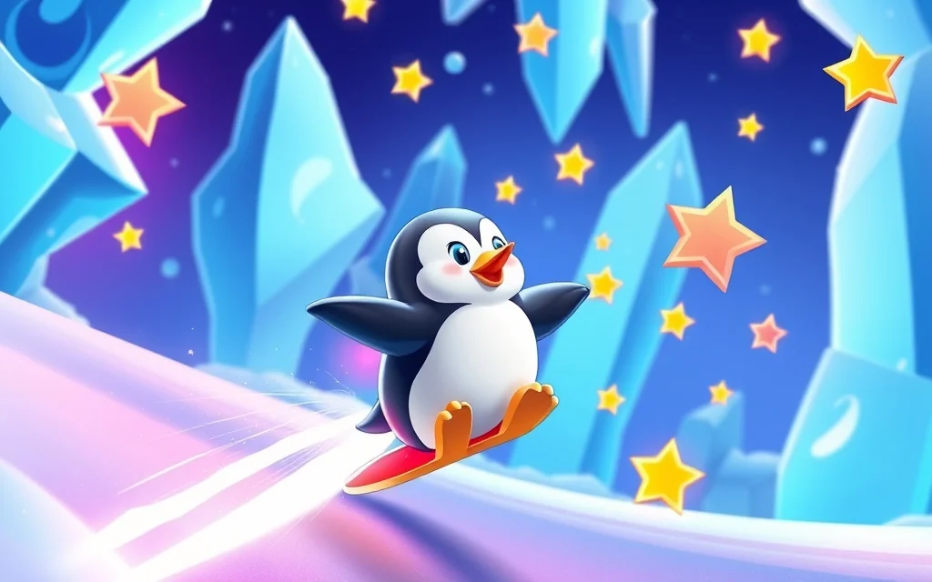 Penguin gliding past glowing ice crystals arcade