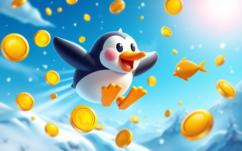 Penguin collecting golden coins in winter sky