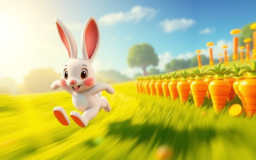 Cartoon rabbit dashing past glowing carrots and coins