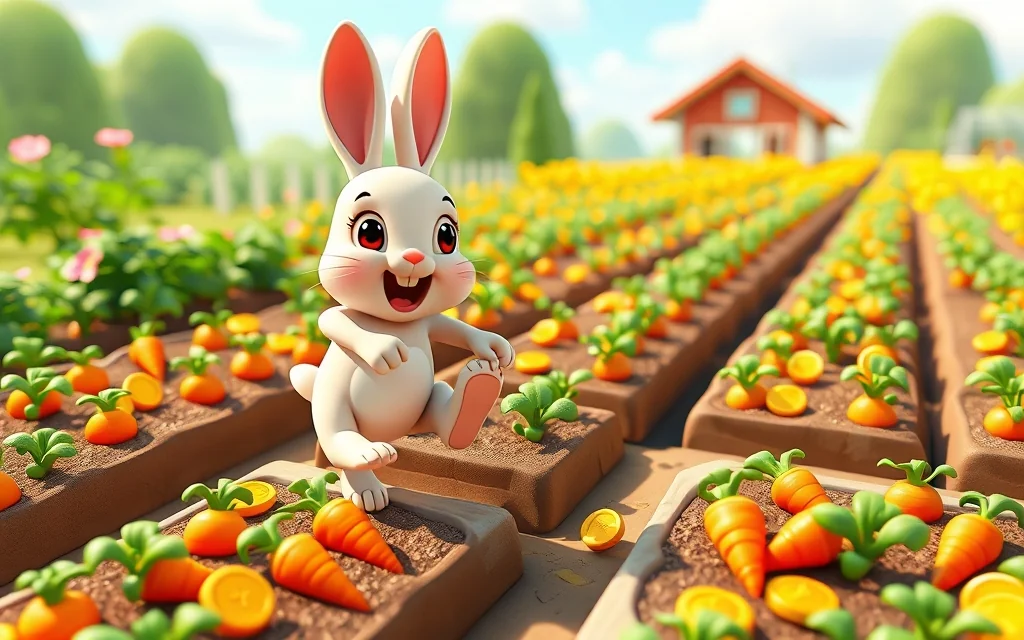 Cartoon rabbit hopping across garden plots collecting carrots