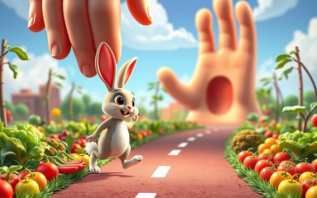 Rabbit crossing vegetable patches with giant hand above