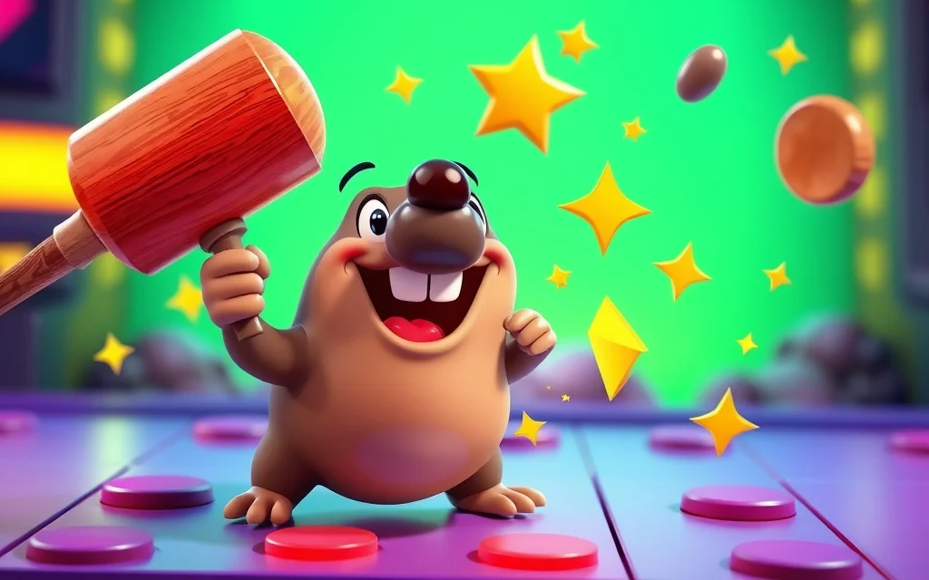 Wooden mallet bopping cheerful mole stars sparks