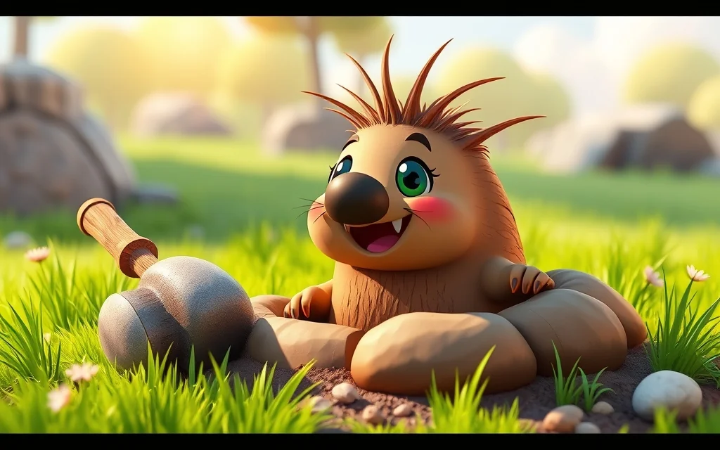 Cartoon mole popping from hole with mallet field